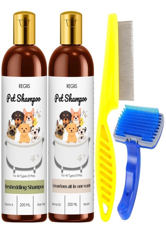 REGIIS Pet Shampoo Set with Grooming Tools, Deshedding and All-in-One Wash, 200 ML Bottles, Includes Comb and Brush for Dogs(4 Pack) - Image 1